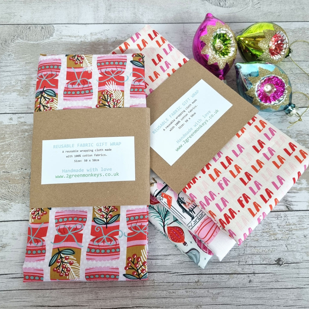 Reusable Gift Wrap - Pack of 4 Retro Design - 2 Green Monkeys