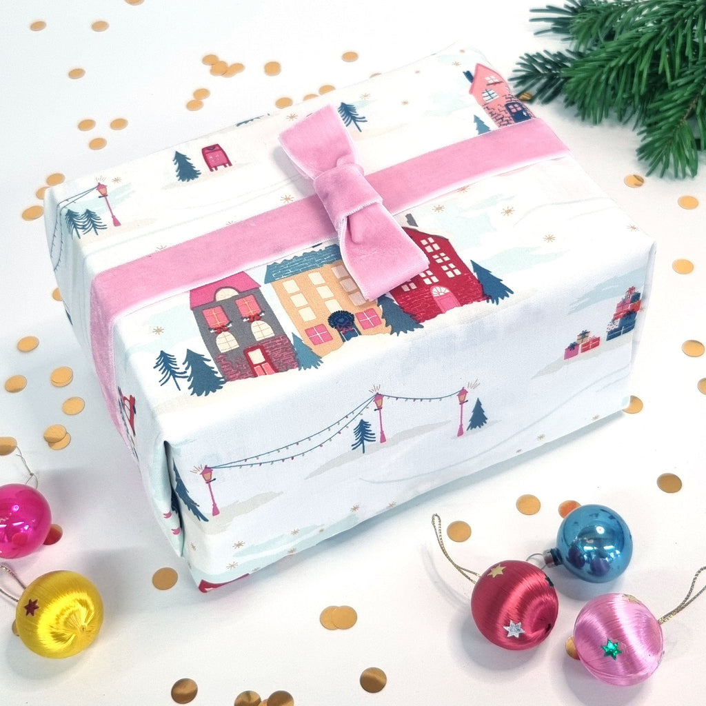 Eco Friendly Christmas Wrapping - Cute White Village Design - 2 Green Monkeys