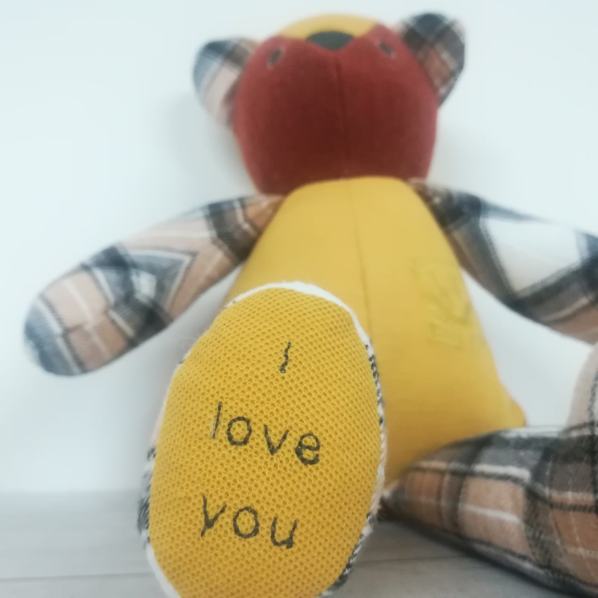 Memory bear keepsake with voicegift voice recorder message - teddy from clothing / shirt - 2 Green Monkeys