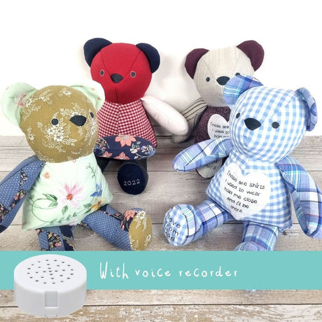 Memory bear keepsake with voicegift voice recorder message - teddy from clothing / shirt - 2 Green Monkeys