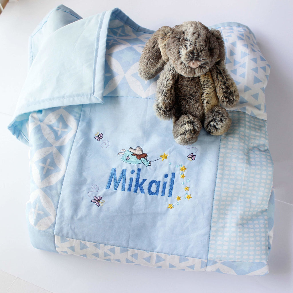 Personalised embroidered quilt - blue fairy design - 2 Green Monkeys