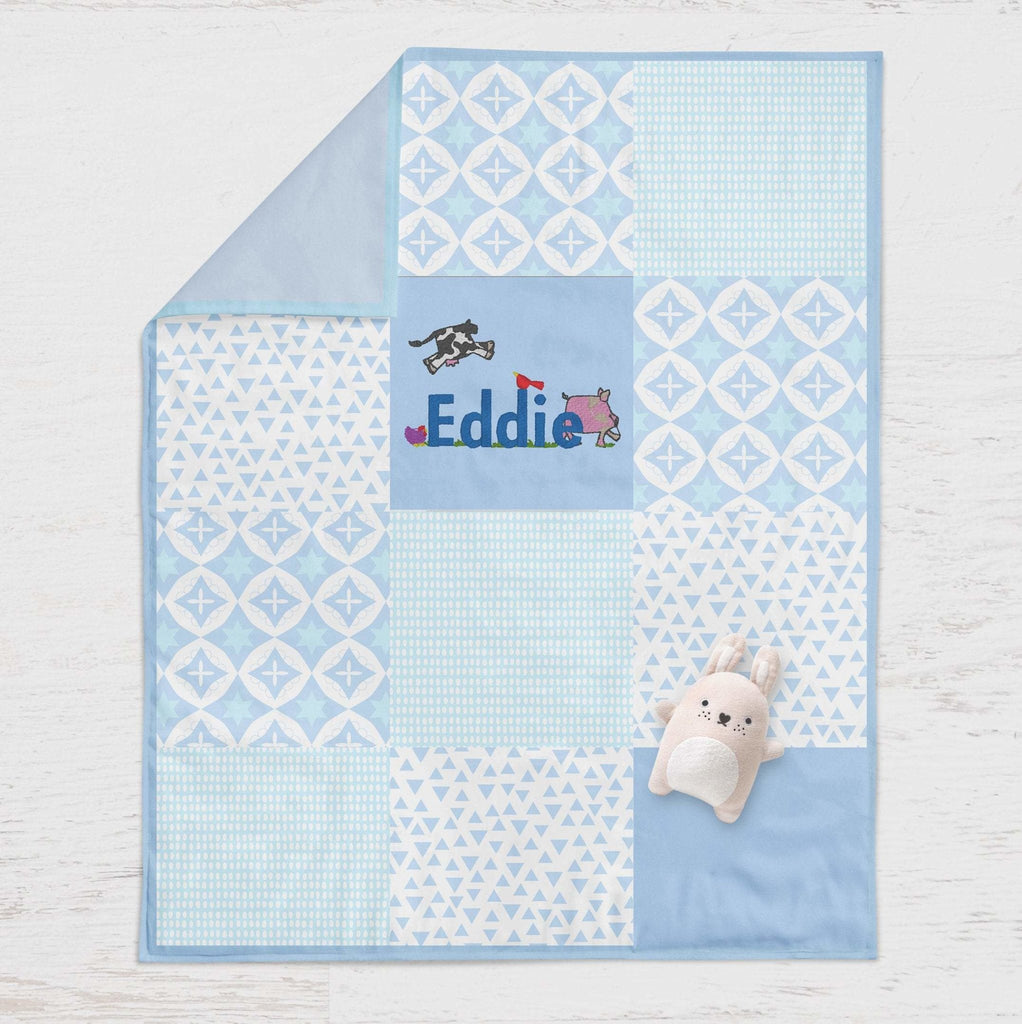 Personalised embroidered quilt - blue farm design - 2 Green Monkeys