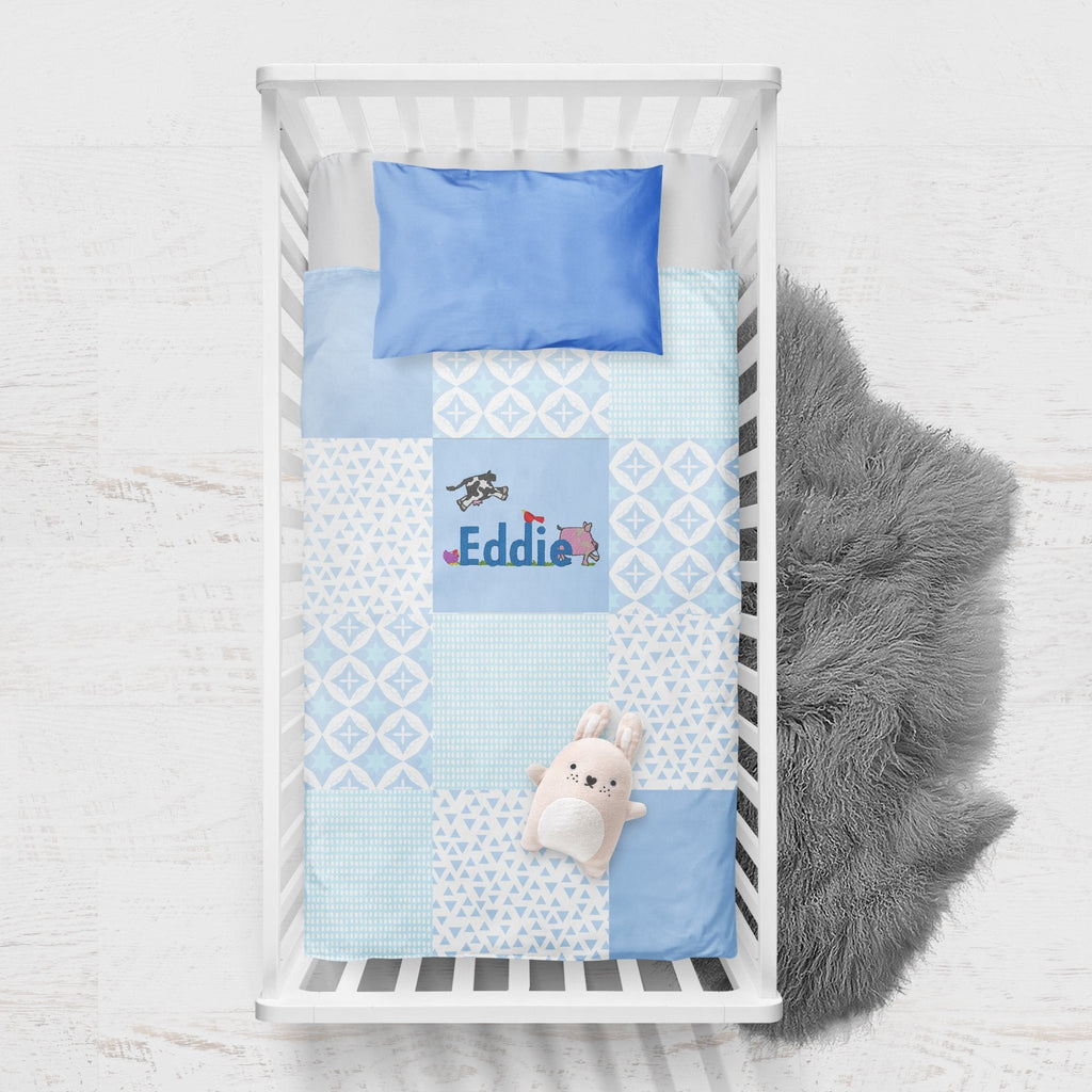 Personalised embroidered quilt - blue farm design - 2 Green Monkeys