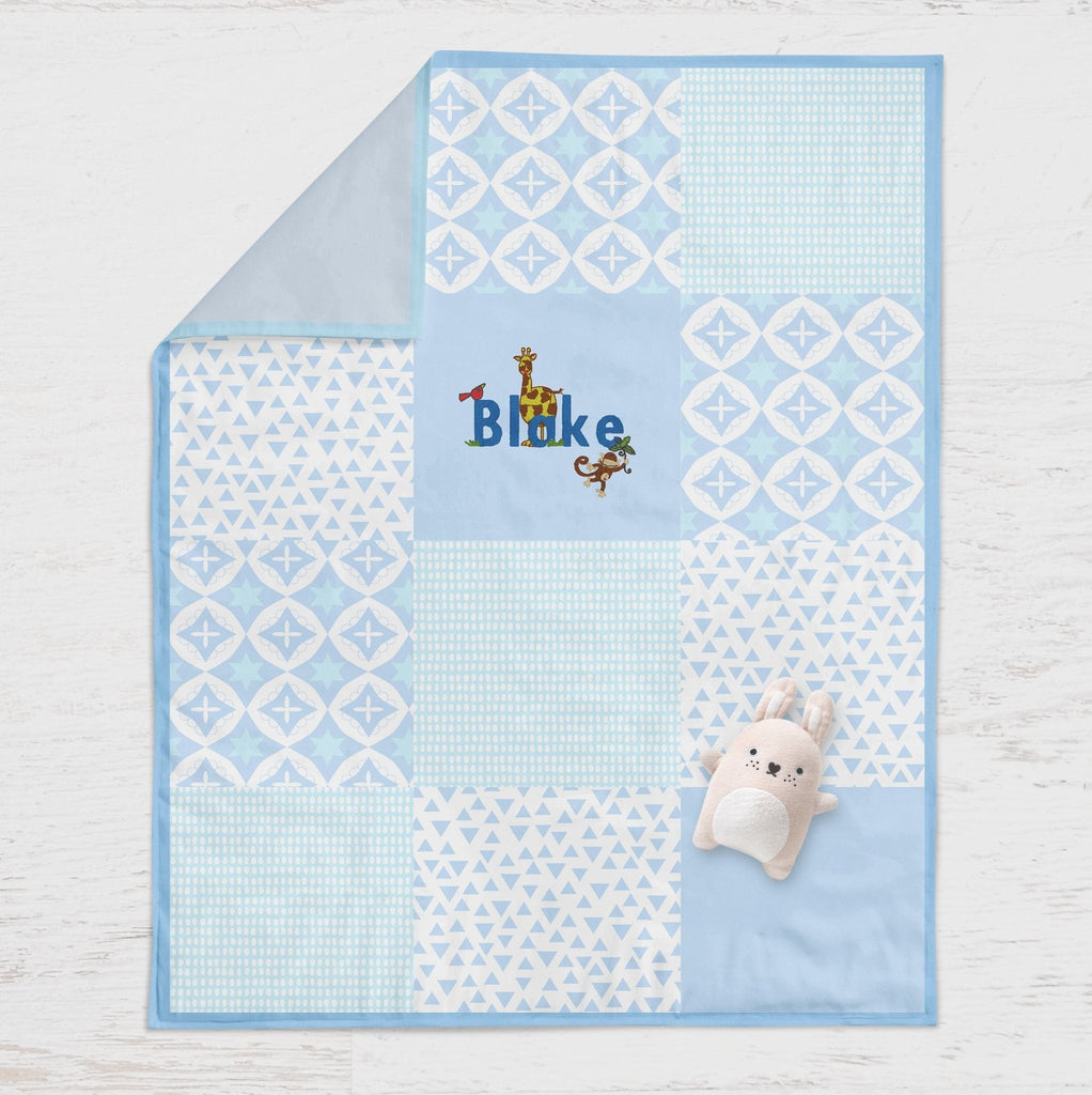 Personalised embroidered quilt - blue zoo design - 2 Green Monkeys