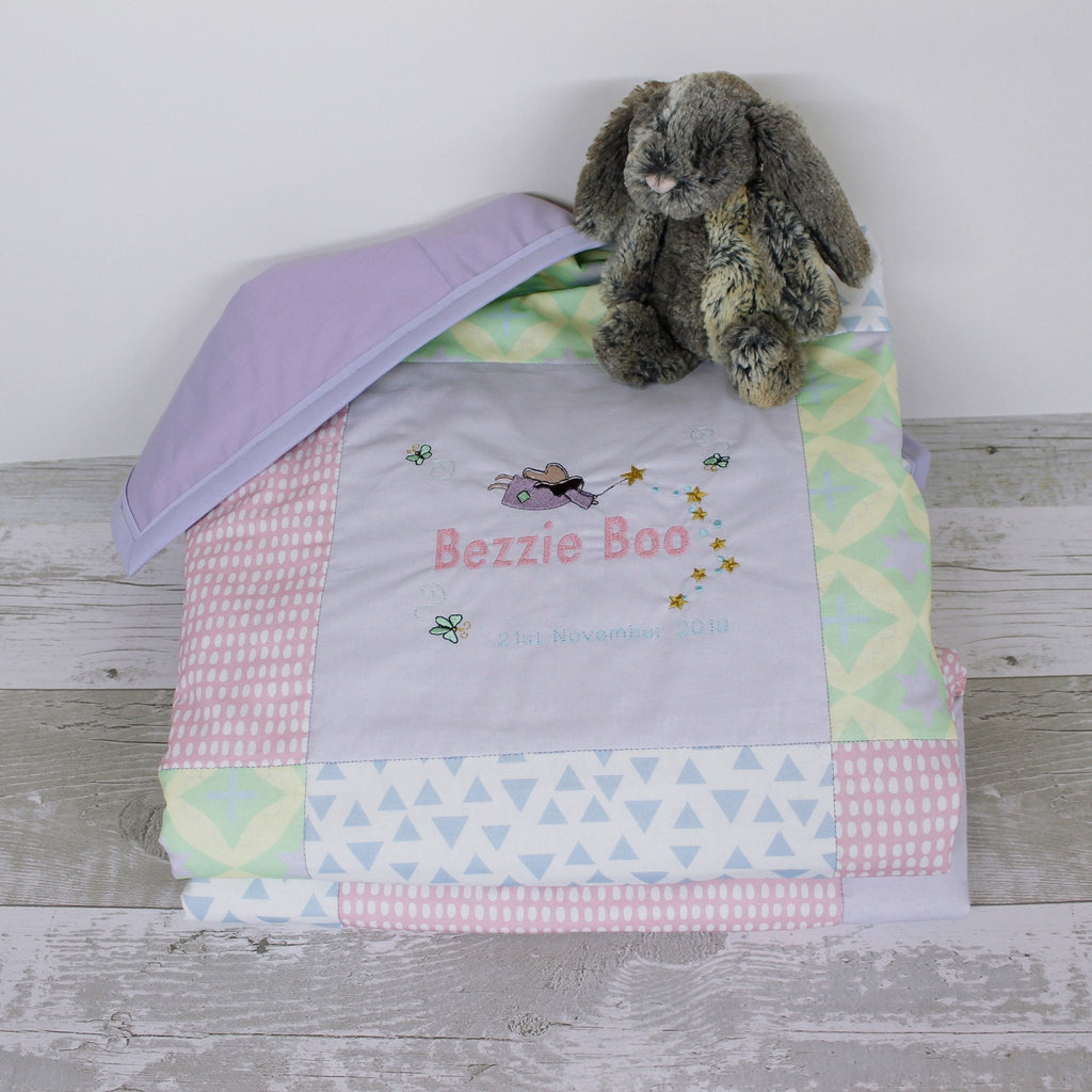 Personalised embroidered quilt - pastel fairy design - 2 Green Monkeys