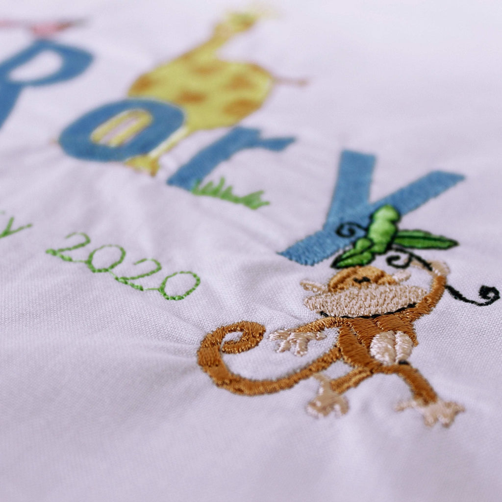 Personalised embroidered quilt - pastel zoo design - 2 Green Monkeys