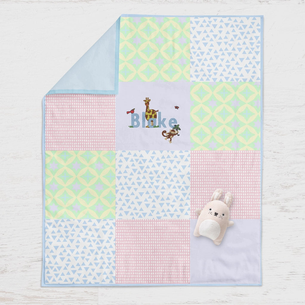 Personalised embroidered quilt - pastel zoo design - 2 Green Monkeys