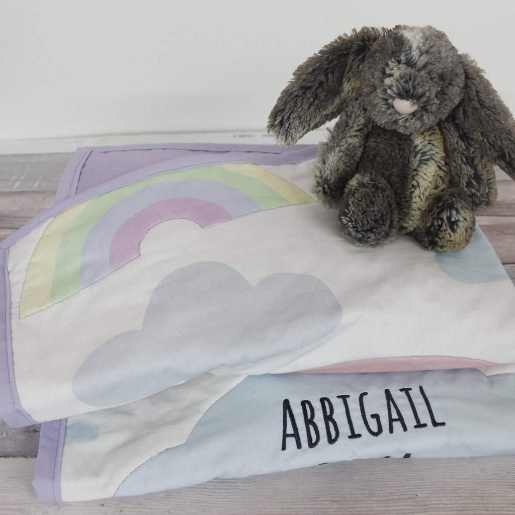 Personalised embroidered quilt - rainbow design - 2 Green Monkeys