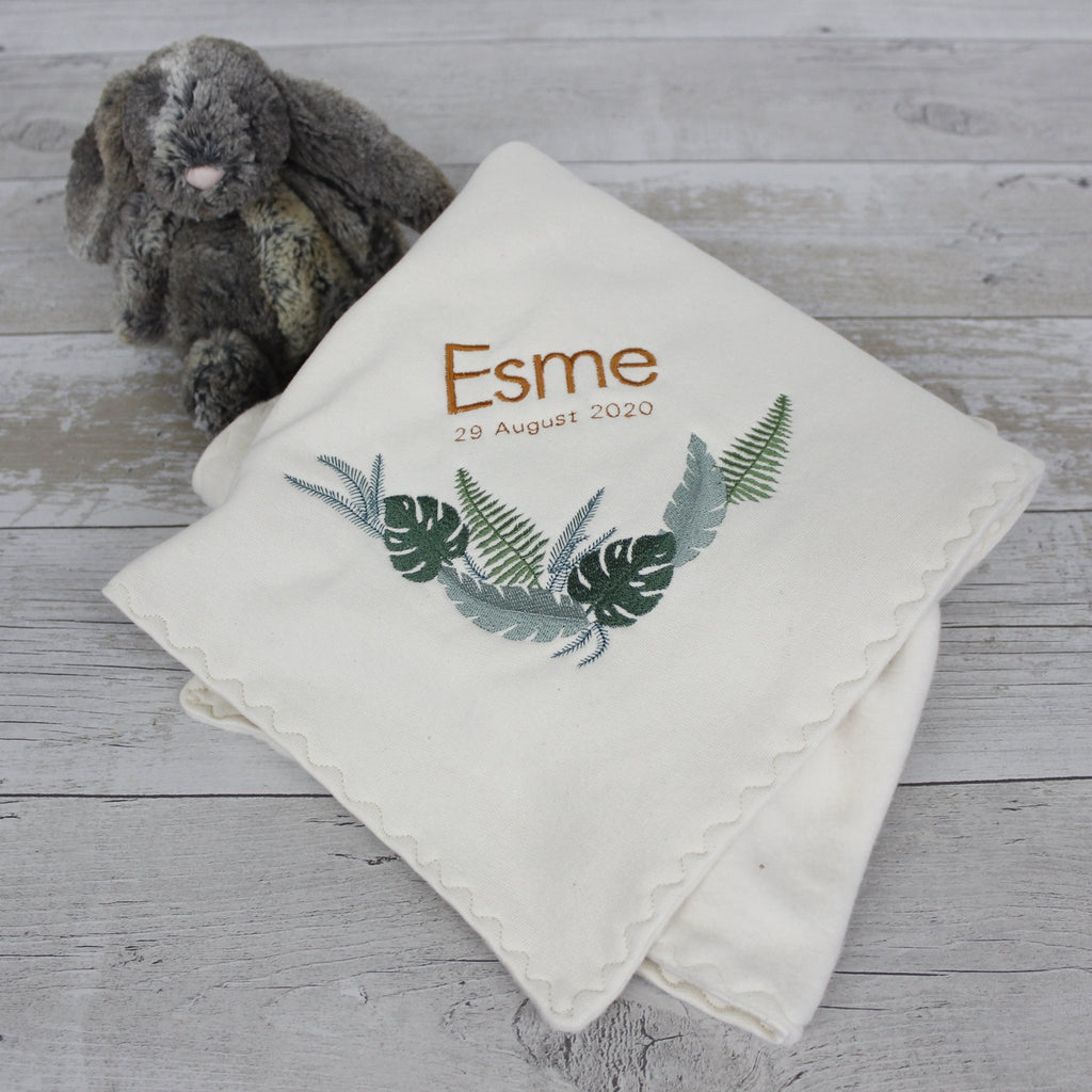 Personalised organic bamboo baby blanket - leaf design - 2 Green Monkeys