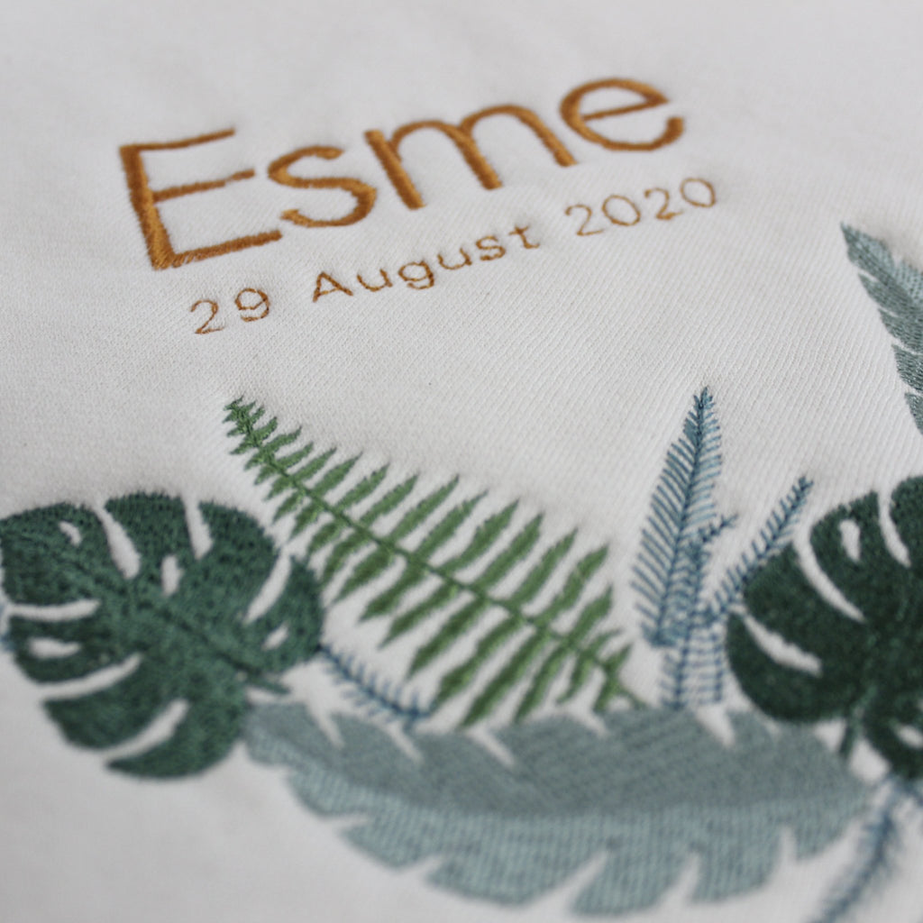 Personalised organic bamboo baby blanket - leaf design - 2 Green Monkeys